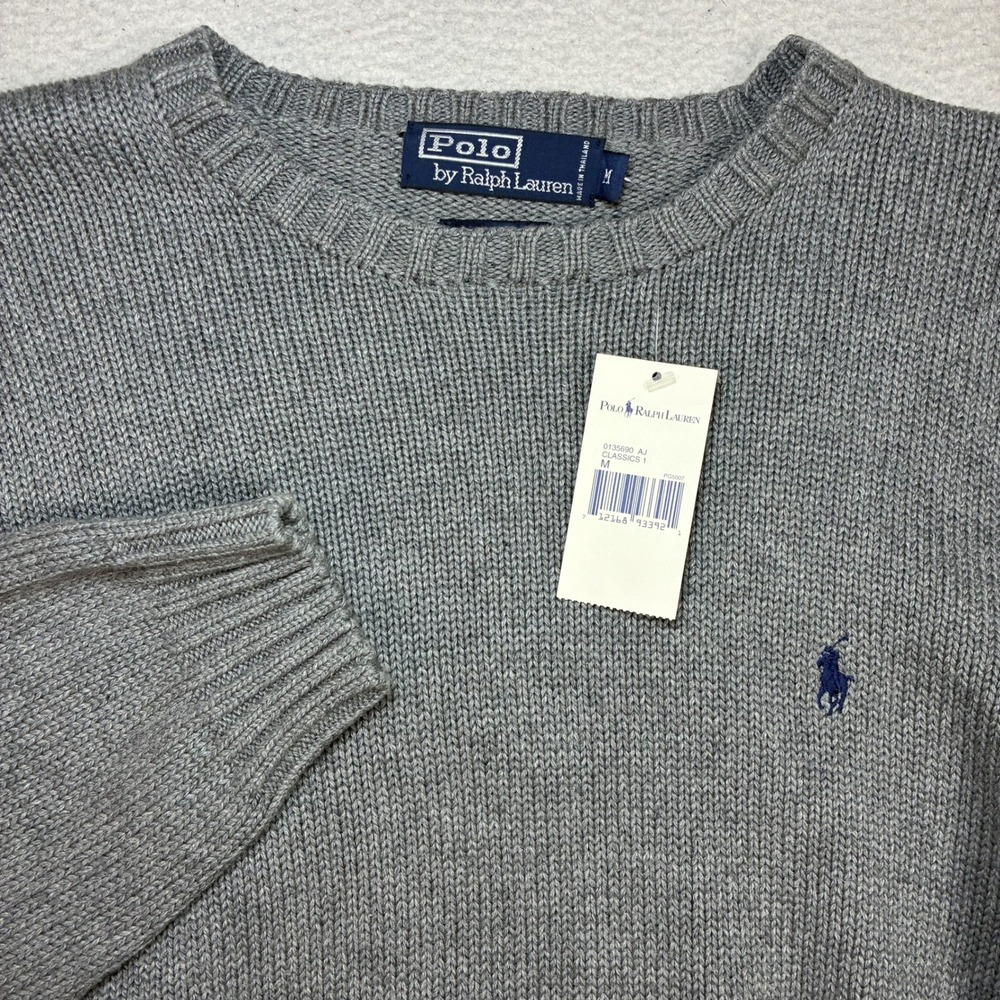 Vintage Polo Ralph Lauren Crewneck Sweater Men M Gray Cotton Preppy Knit Y2K NWT